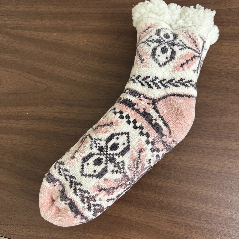 Muk Luks Chenille Cabin Socks Womens Driftwood Faux Shearling Cuff Plush Lined